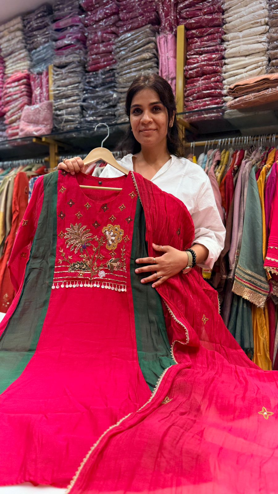 Elite Rani Pink Mul Chanderi Suit Set