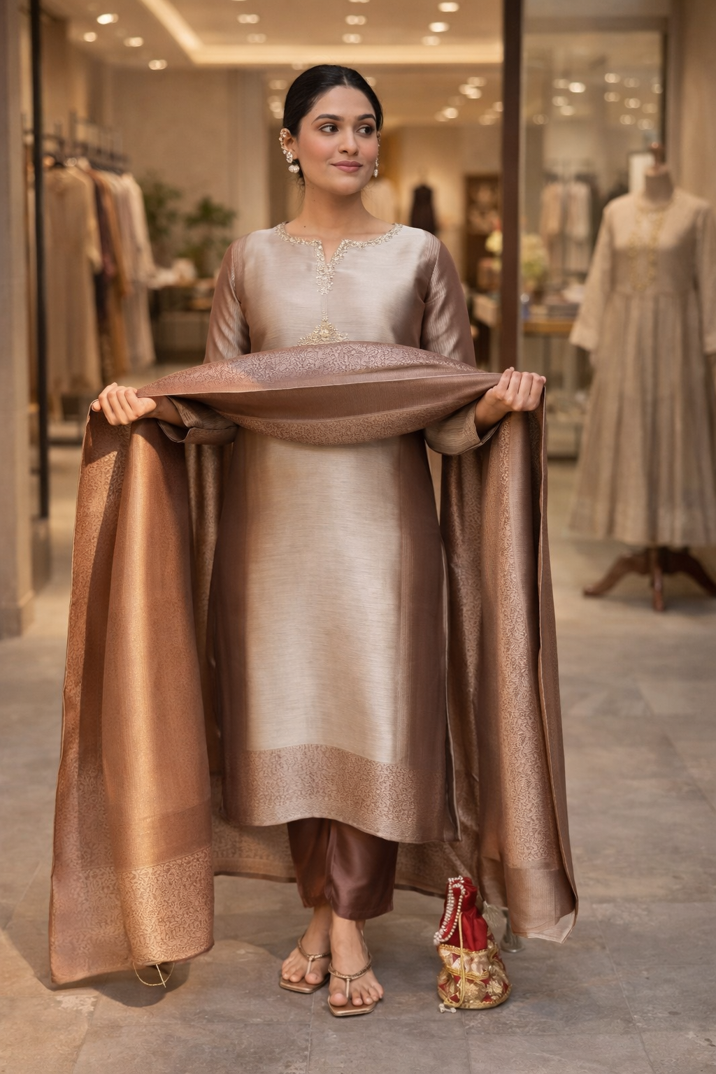 Pure Kanjiveram Silk Suit Set with Woven Dupatta