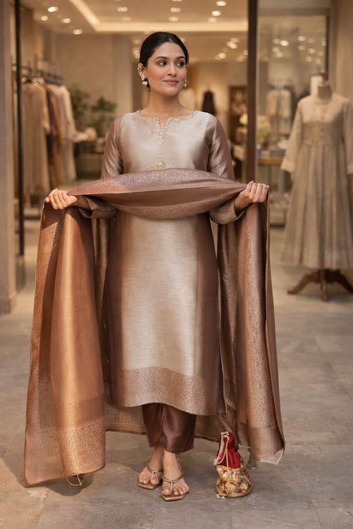 Pure Kanjiveram Silk Suit Set with Woven Dupatta