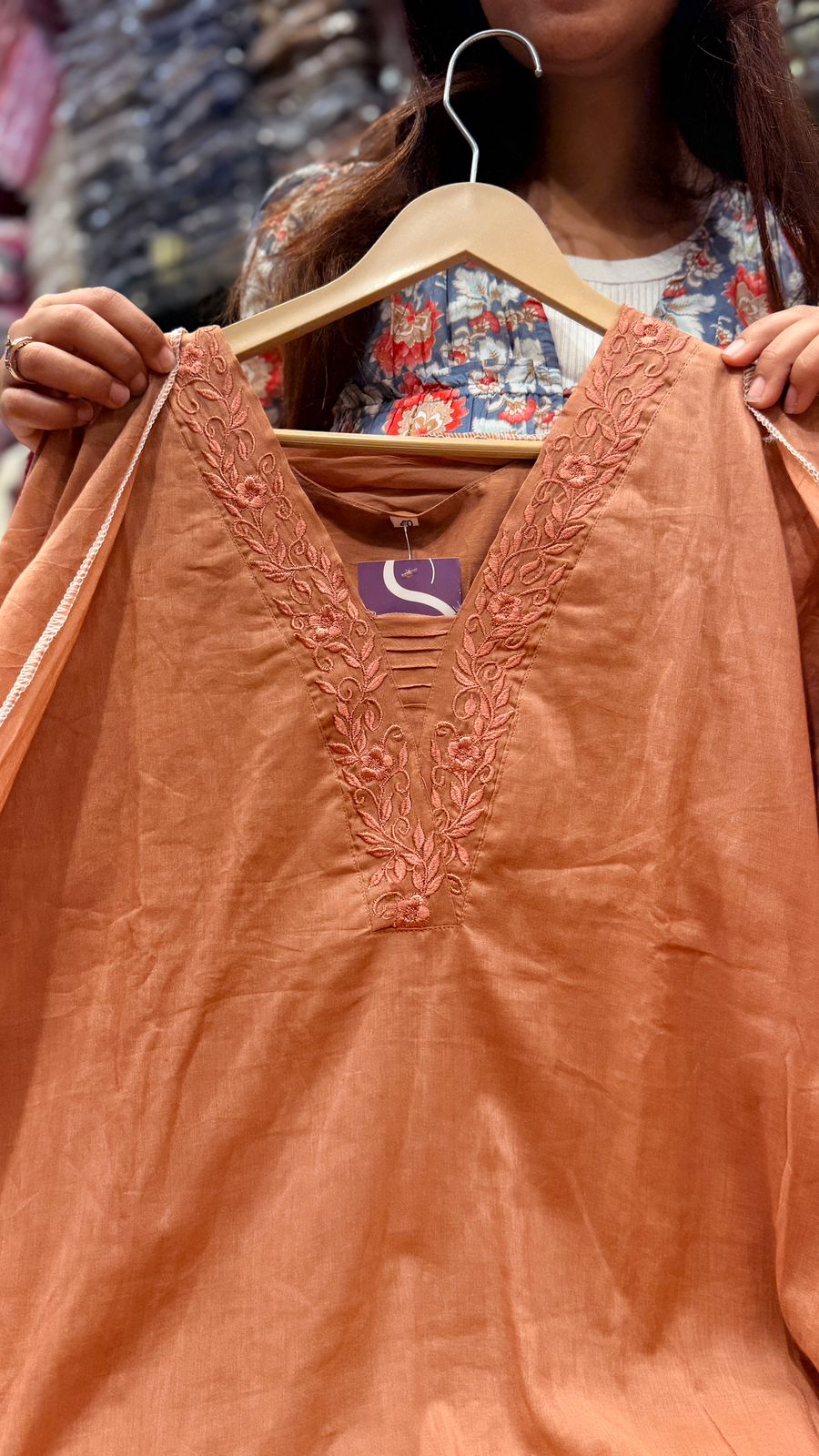 Rust Petal Mul Cotton Suit with Floral Appliqué Work