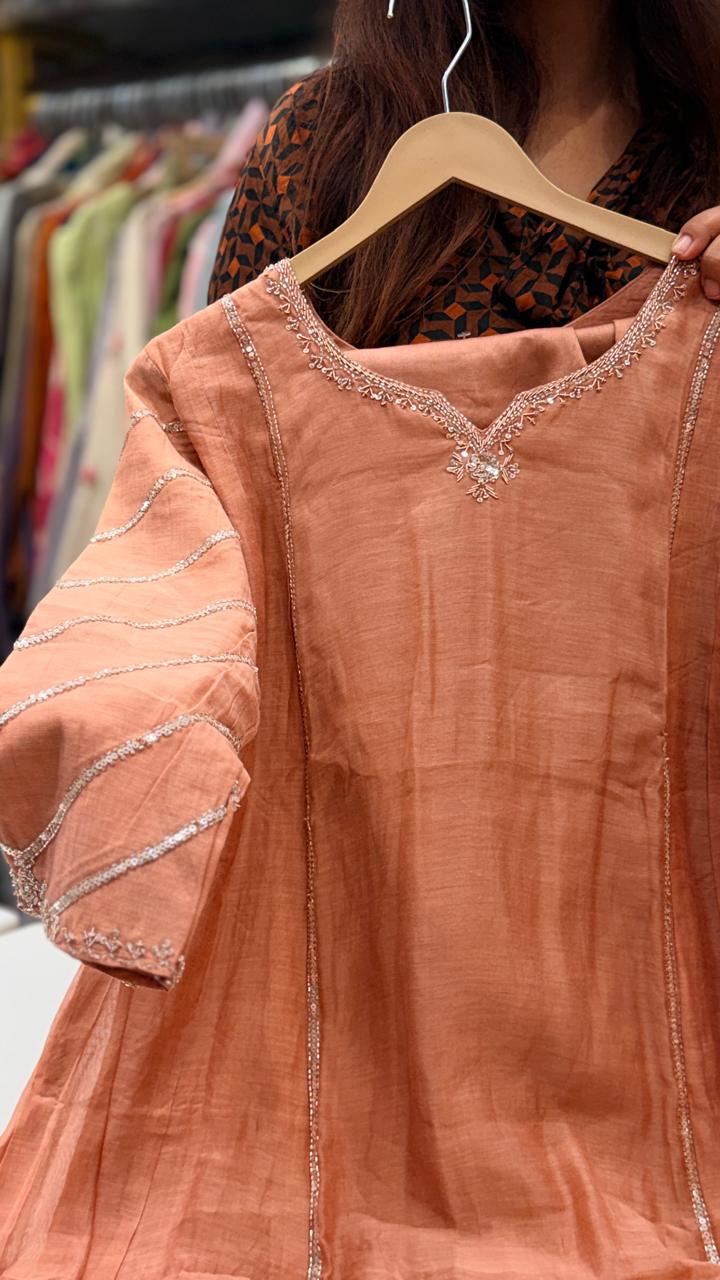 Peach Elegance Mul Chanderi Suit Set