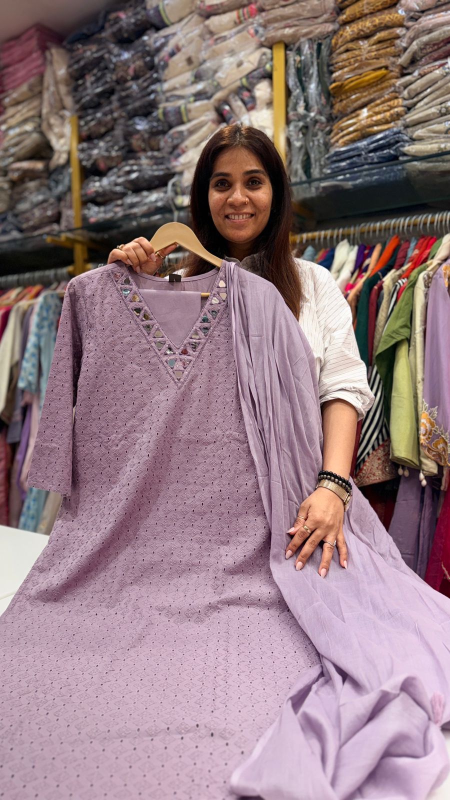 Lavender Mirror Work Cotton Suit Set