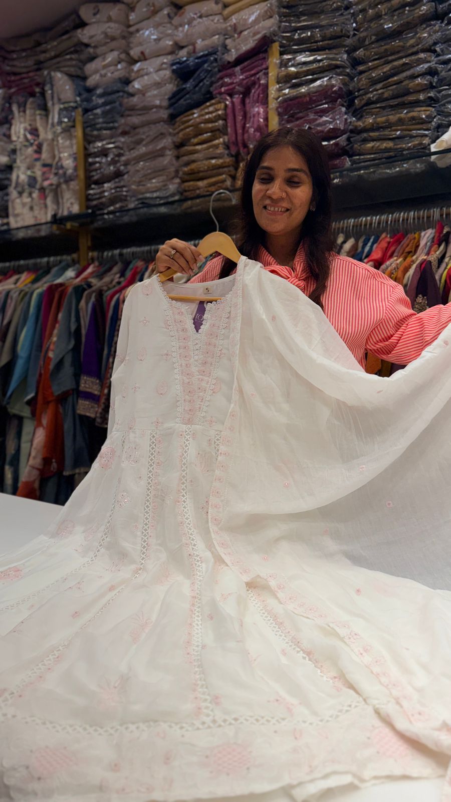 Ivory Blue/Pink Chikankari Mul Cotton Suit Set