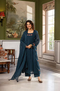 Blue Floral Embroidered Cotton Anarkali with Dupatta