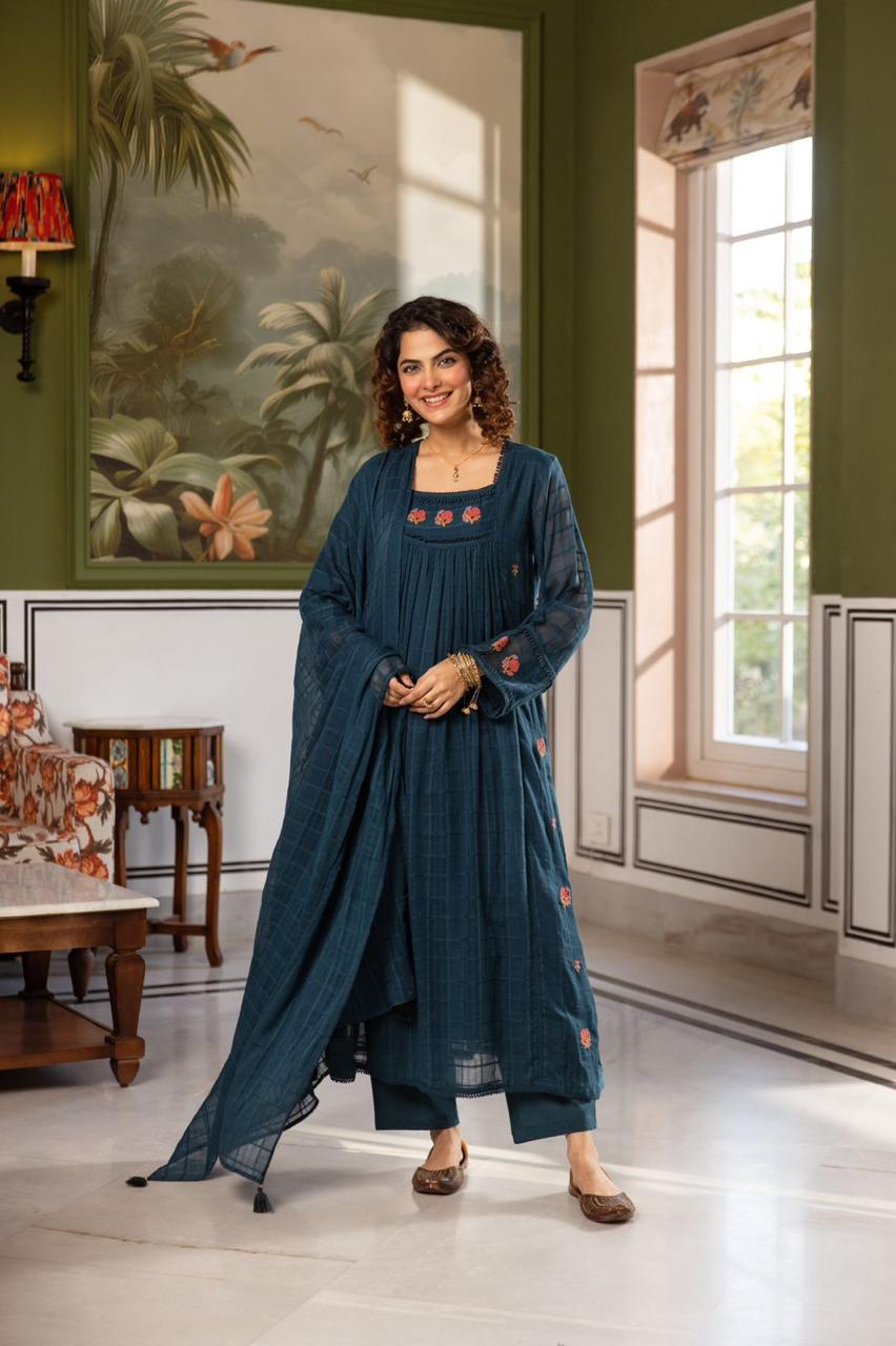 Blue Floral Embroidered Cotton Anarkali with Dupatta