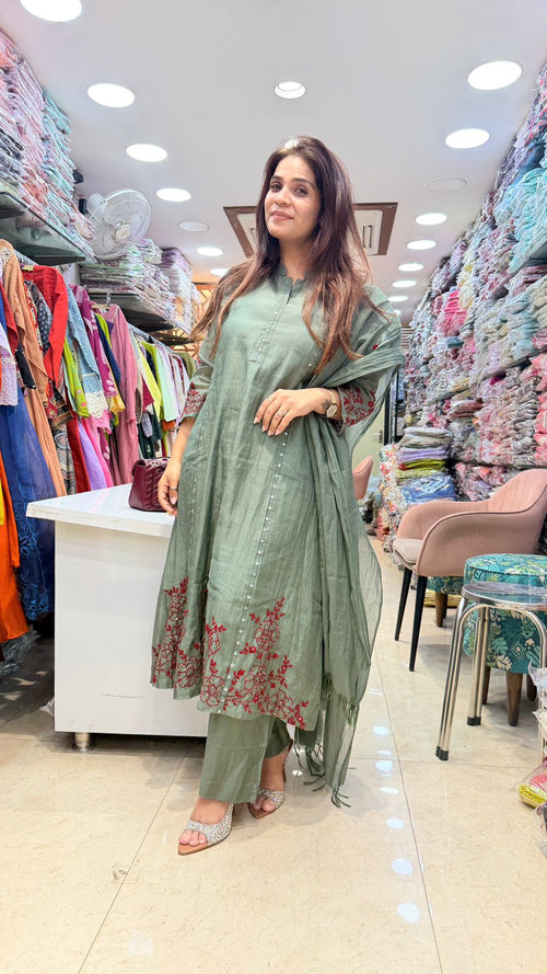 Sage Green Mul Chanderi Embroidered Suit Set