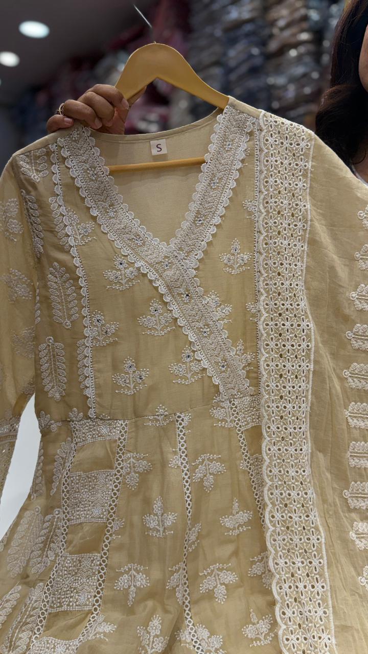 Beige Chikankari Anarkali Suit Set