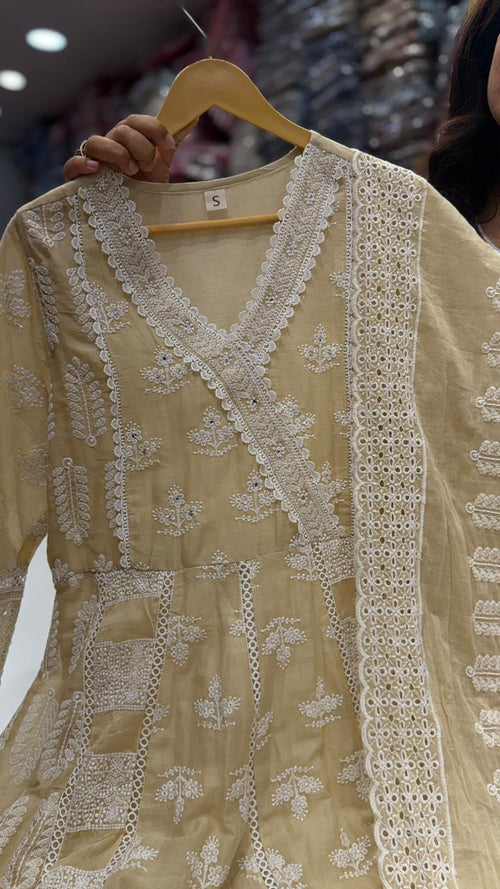 Beige Chikankari Anarkali Suit Set