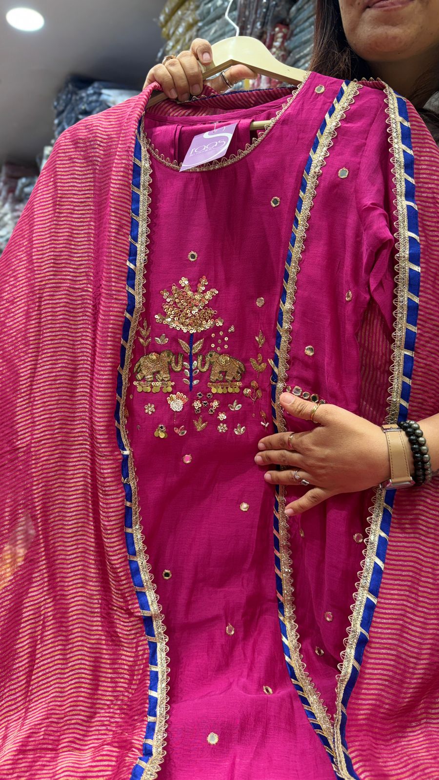 Gajraj Hand-Embroidered Festive Suit Set with Striped Dupatta