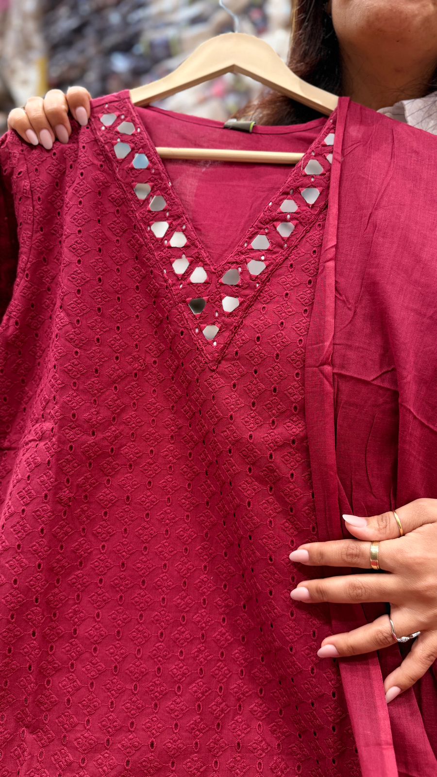 Ruby Mirror Work Cotton Suit Set