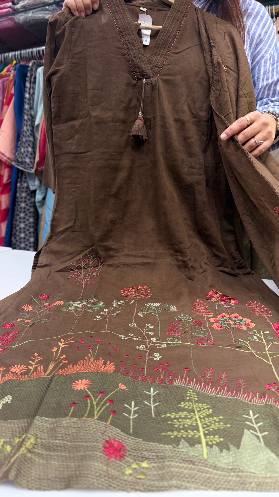 Trendy Brown Mul Cotton Embroidery Suit Set