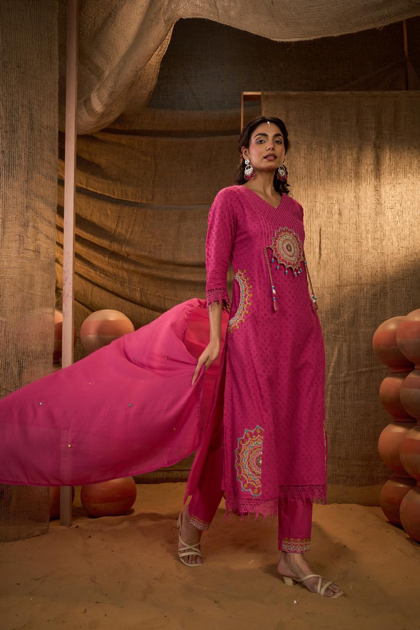 Rani Pink Mandala Embroidered Anarkali Suit Set with Dupatta