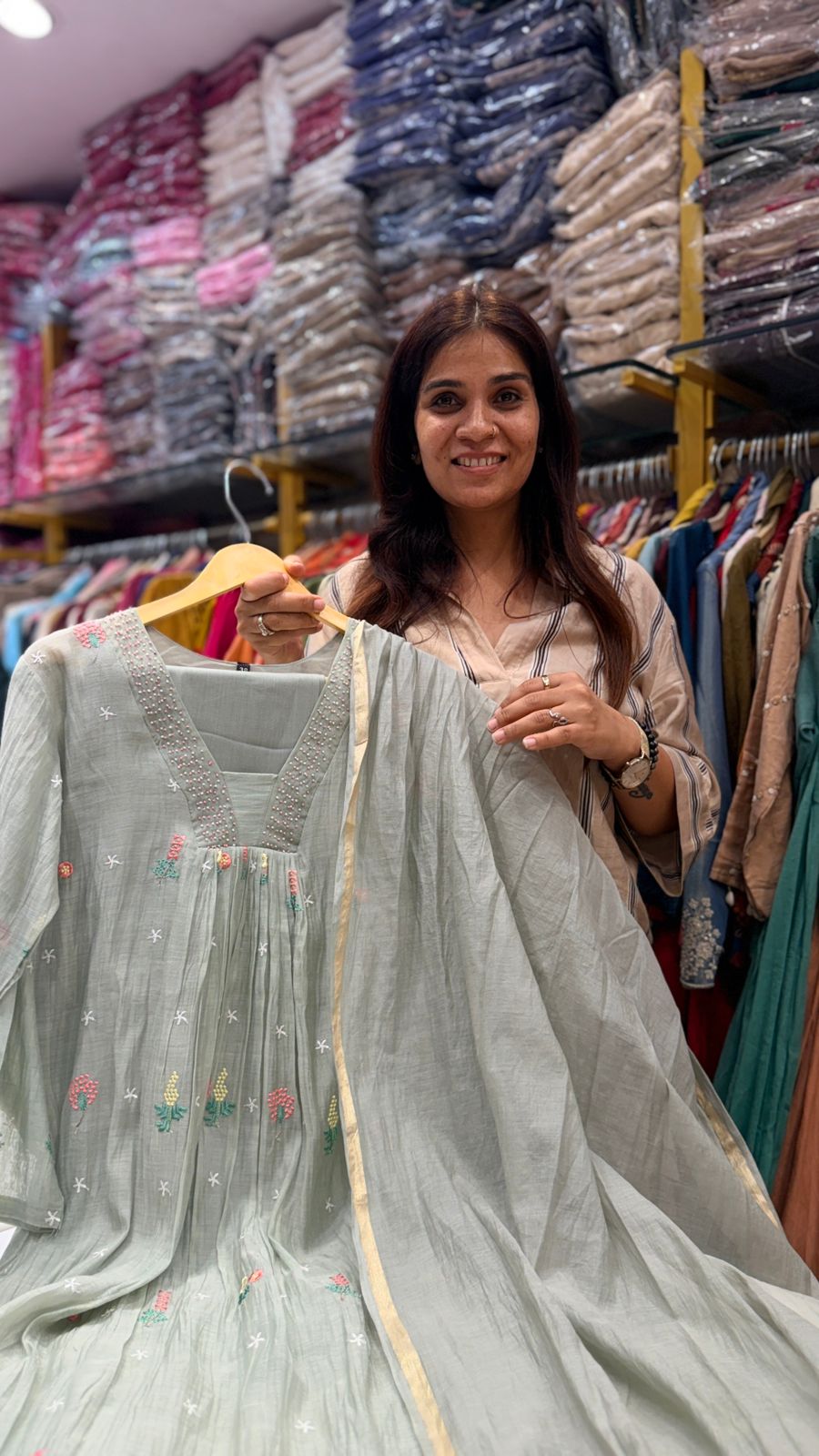 Sage Blossom Mul Chanderi Suit Set