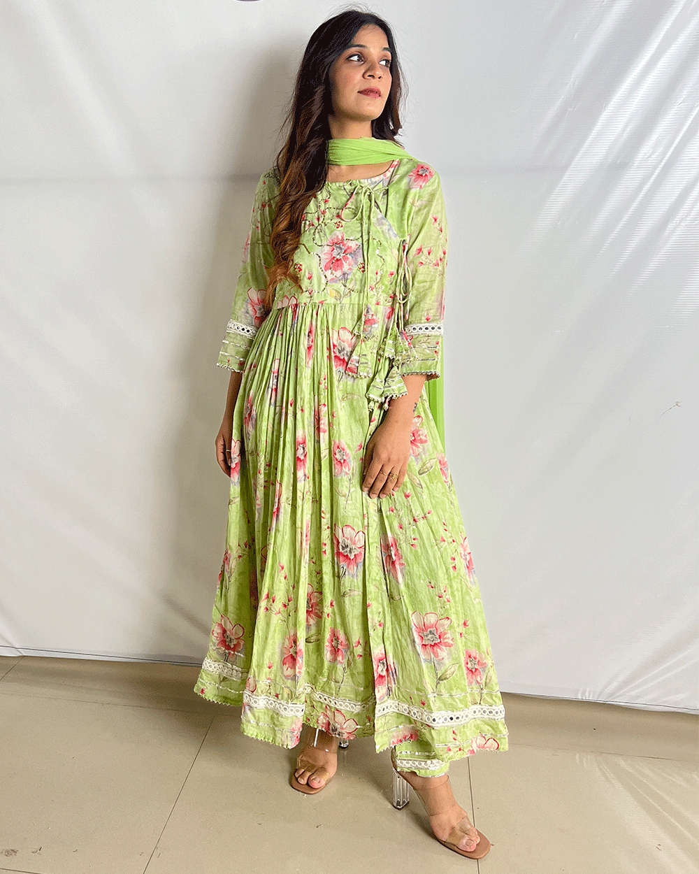 Parrot Green Angrakha Anarkali Suit Set 8109